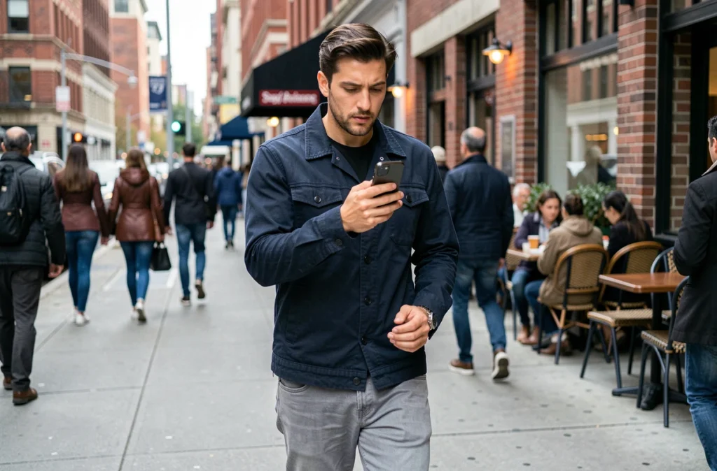 Homme lisant une notification push sur son smartphone dans une rue animée, symbolisant l'engagement mobile en situation de mobilité urbaine