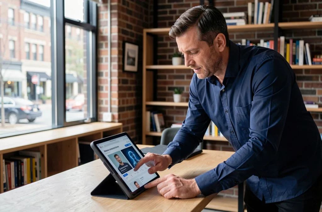 Un professionnel utilisant une tablette pour consulter des publicités personnalisées générées par intelligence artificielle dans un espace de coworking moderne