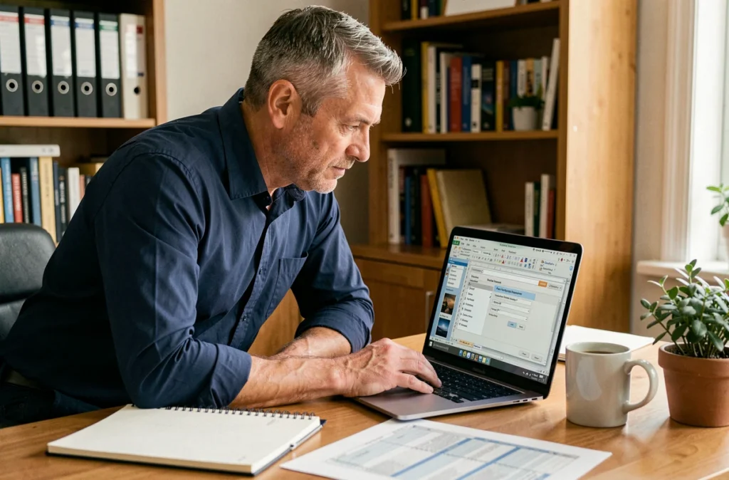 Homme en télétravail consultant un tableur Excel sur ordinateur portable pour effectuer une transposition de données sans erreur