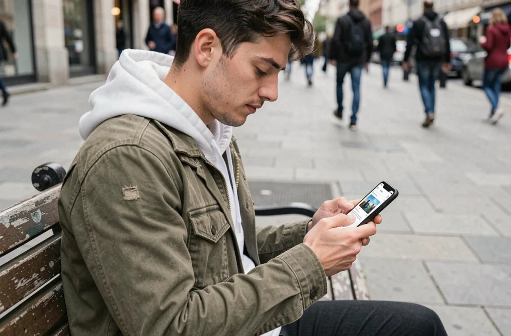 Jeune homme consultant des avis consommateurs sur un smartphone abordable en ville