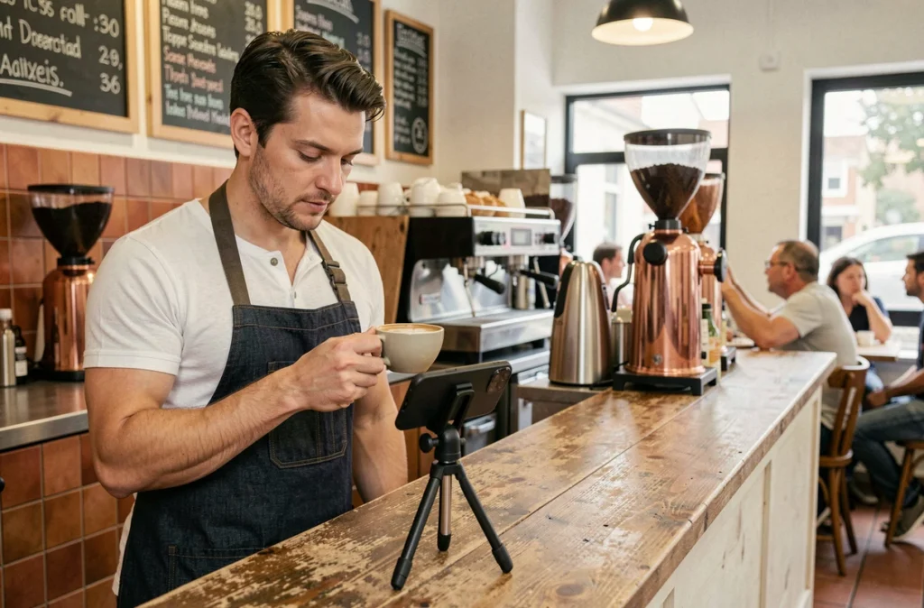 Micro-influenceur dans un café en train de photographier une tasse de café pour une campagne marketing digitale sur Instagram