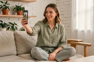 Micro-influenceuse filmant une vidéo de présentation produit depuis son appartement pour ses abonnés sur les réseaux sociaux