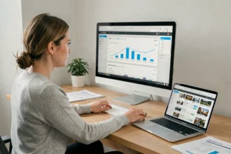 Professionnelle analysant les performances SEO d'images optimisées sur un écran d'ordinateur dans un bureau moderne