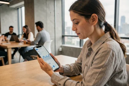 Femme analysant les performances SEO d'un site web sur smartphone dans un bureau moderne