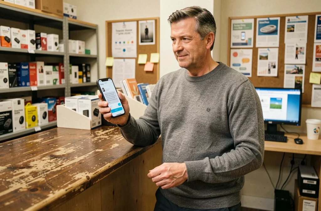 Propriétaire d'une petite entreprise consultant un chatbot de service client sur smartphone dans l'arrière-boutique de son commerce