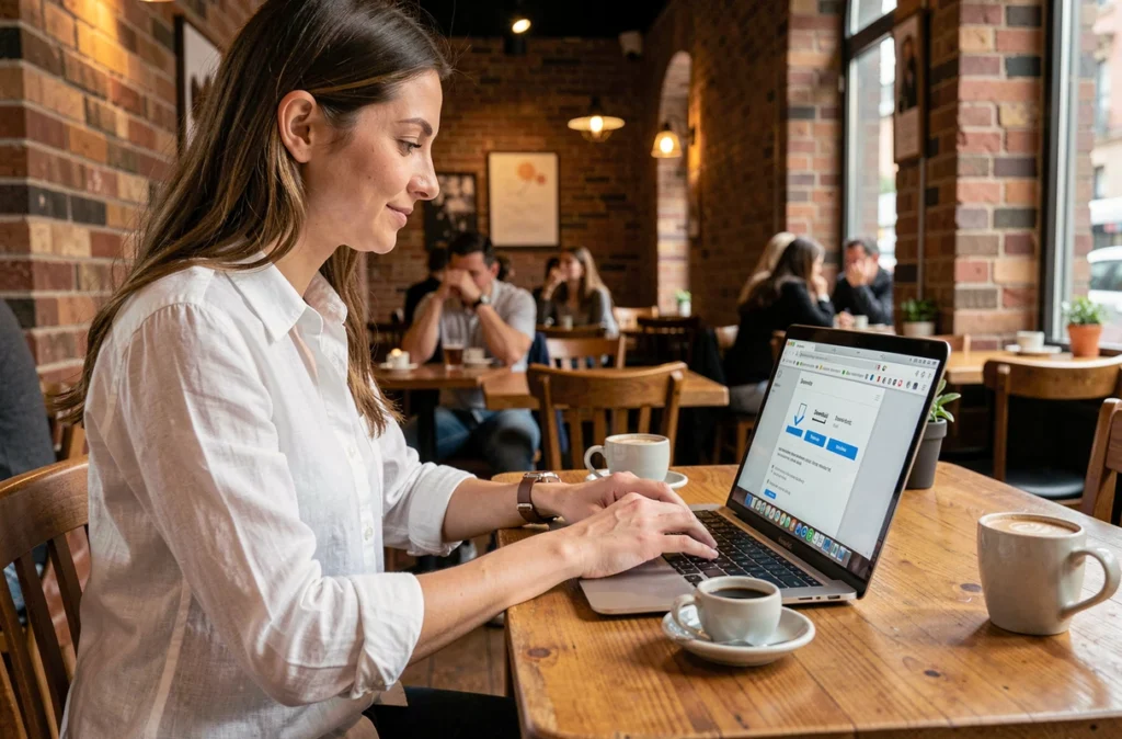Femme utilisant des raccourcis de téléchargement via une extension de navigateur dans un café branché