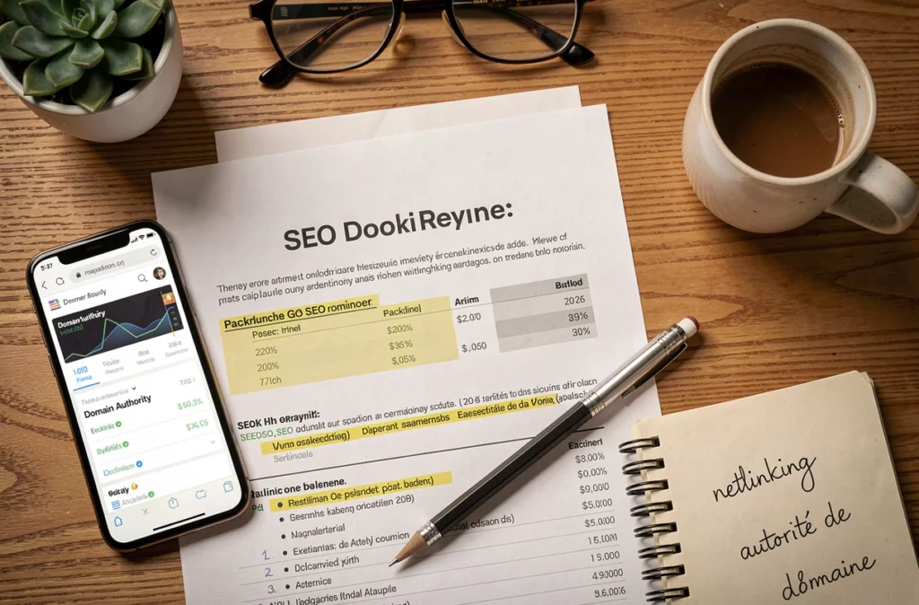 Vue de dessus d'un bureau avec un rapport de netlinking imprimé, un smartphone affichant l'autorité de domaine et des notes manuscrites sur le référencement