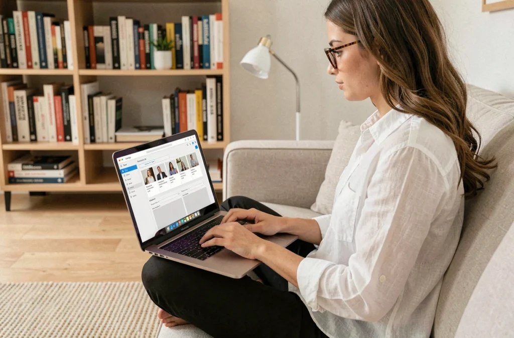 Jeune femme travaillant sur l'optimisation d'images et la rédaction d'attributs alt pour améliorer le référencement d'un site web
