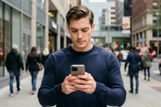 Homme tenant un Samsung Galaxy S22 en ville, illustrant la connectivité 5G en mobilité urbaine