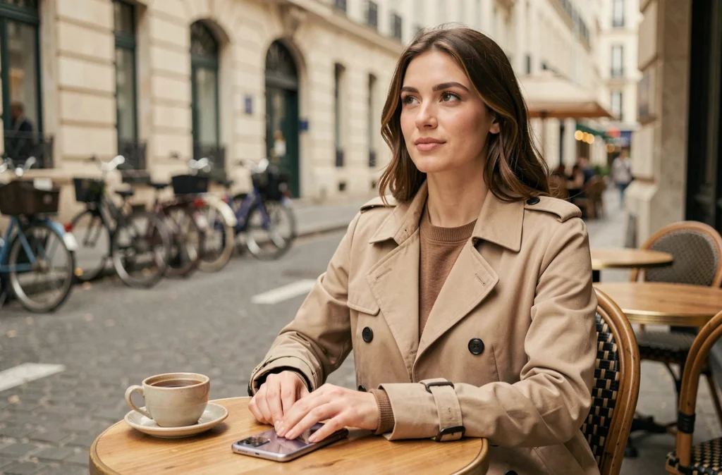 Femme utilisant un Samsung Galaxy S22 en terrasse de café, format compact idéal pour la 5G au quotidien