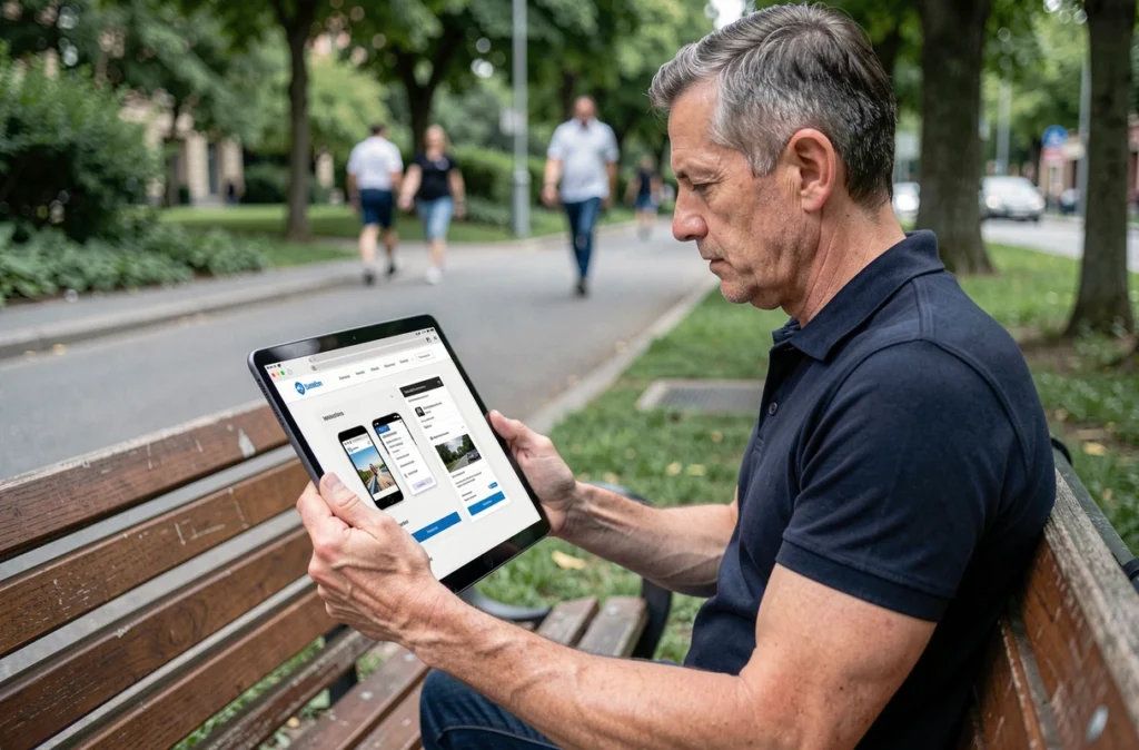 Homme consultant un site web responsive sur tablette dans un parc urbain pour améliorer le référencement mobile