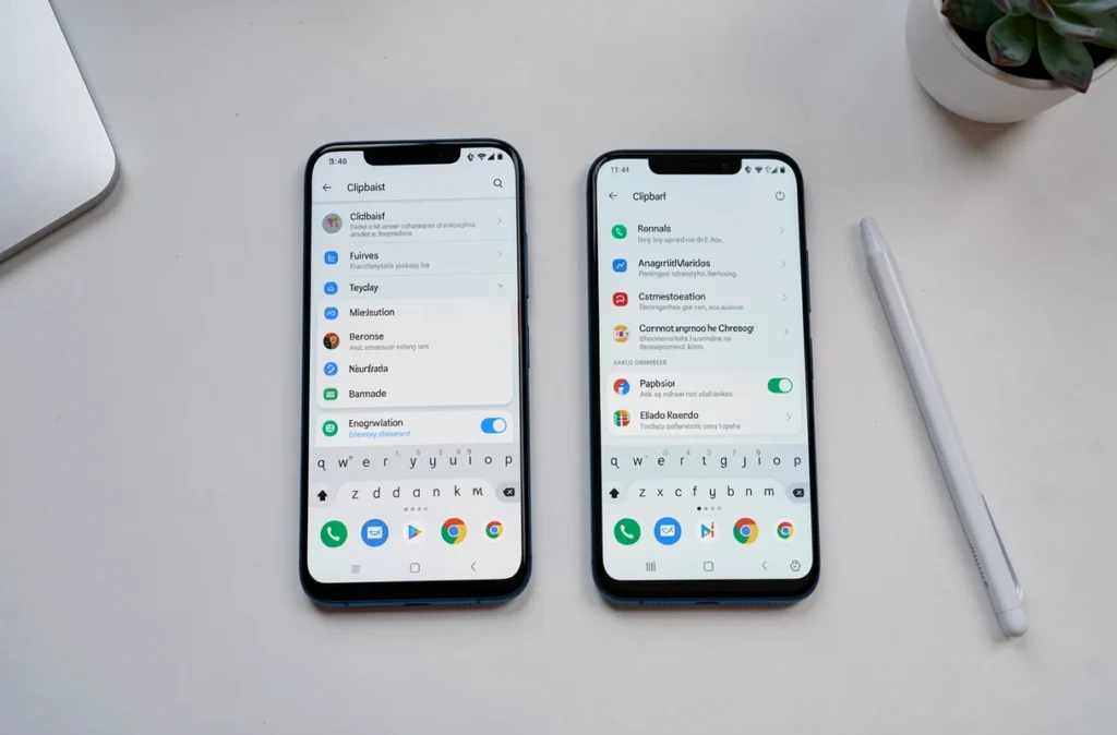 Deux smartphones Android posés sur un bureau affichant les menus paramètres du presse-papier