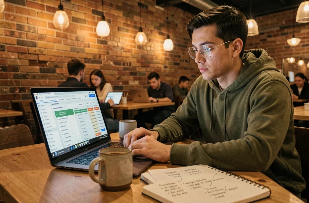 Jeune spécialiste SEO analysant des données d'intention de recherche et de mots-clés dans un café coworking