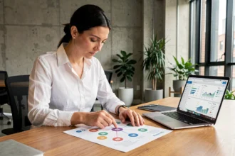 Une professionnelle du SEO analyse une stratégie de netlinking sur un document imprimé dans un bureau moderne
