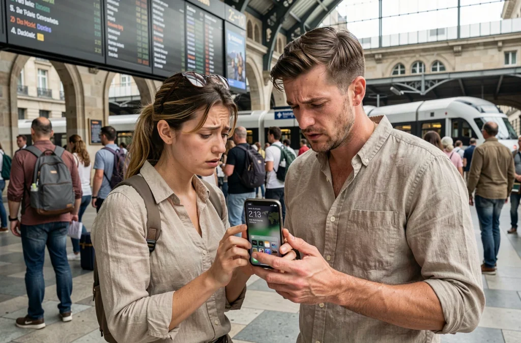 Deux voyageurs consultant ensemble les alarmes iPhone devant un tableau de départs en gare européenne