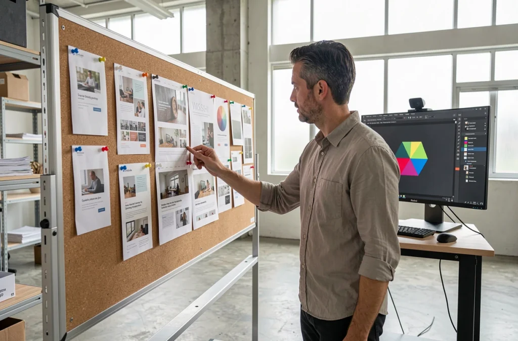Directeur artistique d'ADTG Studio dans l'Oise examinant des maquettes de sites web imprimées sur un tableau en liège dans un studio créatif