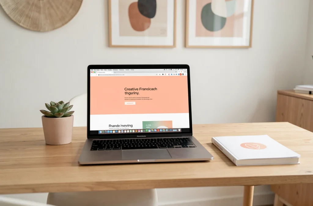 Bureau minimaliste de l'agence Peach avec un ordinateur affichant une interface web aux tons pêche et des accessoires de branding posés sur un bureau en bois clair