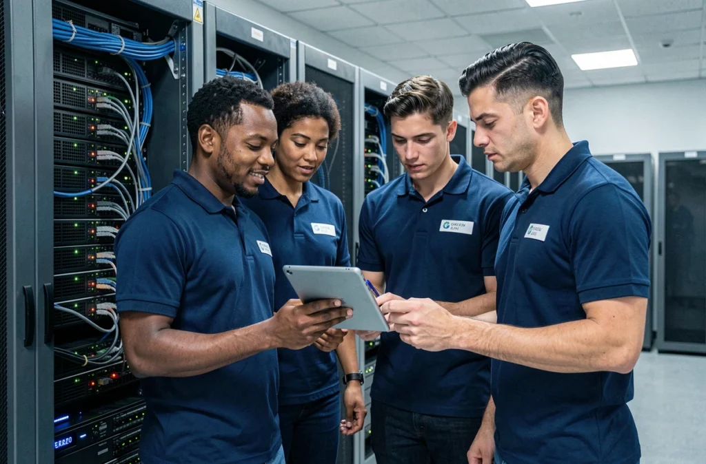 Équipe d'informaticiens certifiés multimarques vérifiant une installation réseau dans une salle serveur à Angers