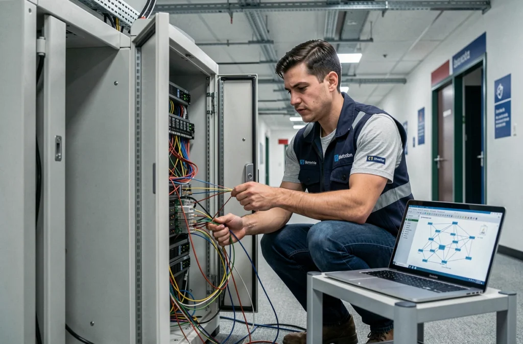 Technicien en télécom et maintenance informatique intégrée câblant un réseau professionnel dans un couloir de bureau
