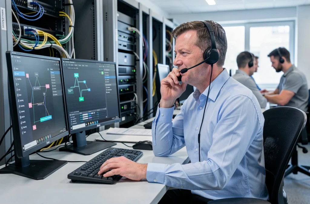 Technicien en support informatique professionnel diagnostiquant un problème réseau dans un bureau à Angers