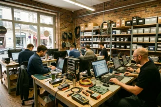 Vue d'ensemble d'un atelier de dépannage informatique parisien avec plusieurs techniciens au travail