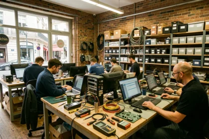 Vue d'ensemble d'un atelier de dépannage informatique parisien avec plusieurs techniciens au travail