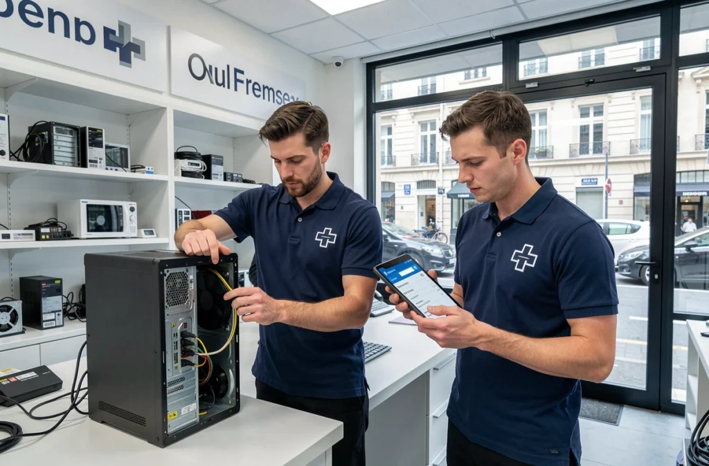 Deux techniciens Docteur IT Paris travaillant dans une boutique de réparation informatique franchisée