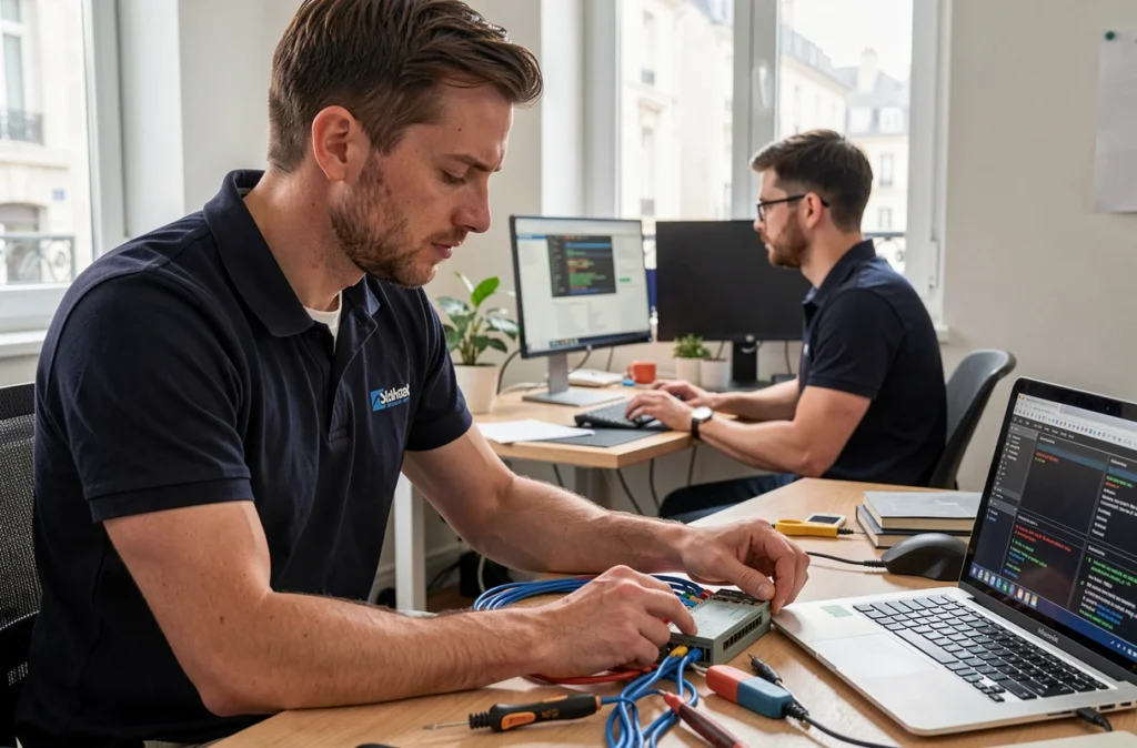 Technicien Easy Service Informatique effectuant une maintenance réseau dans les locaux d'une TPE parisienne