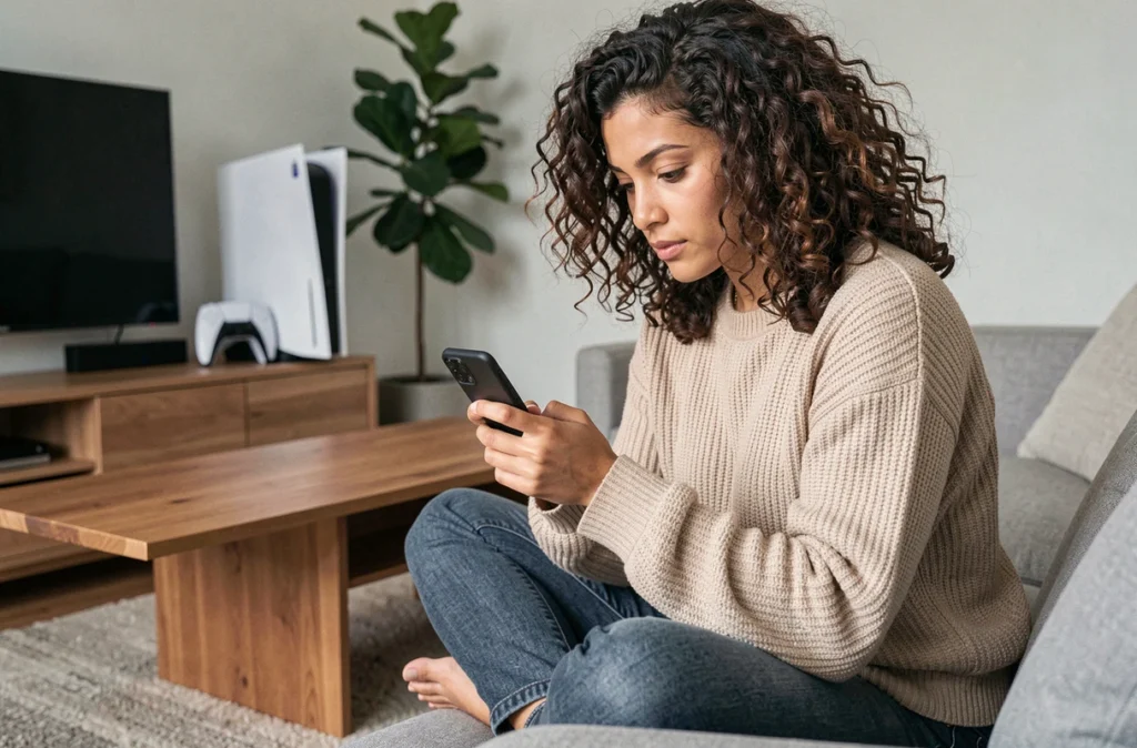 Jeune femme cherchant comment éviter le robot vocal pour parler à un humain chez Sony PlayStation depuis son salon