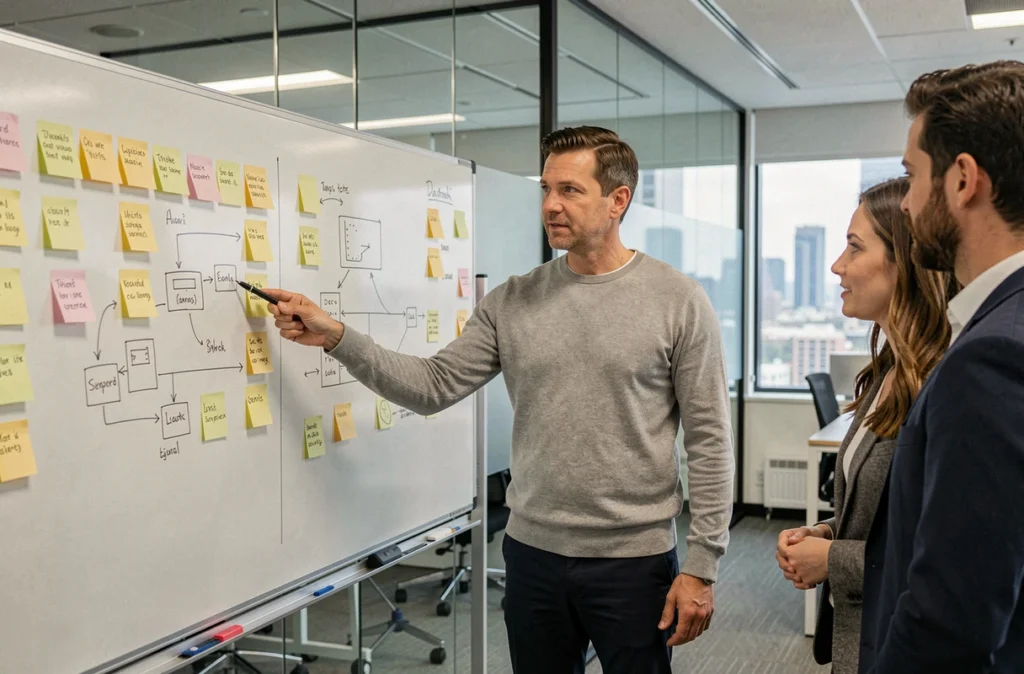 Formateur en transformation digitale animant un atelier de co-conception UX dans une salle de réunion moderne, symbolisant l'accompagnement des équipes vers les nouveaux métiers du numérique