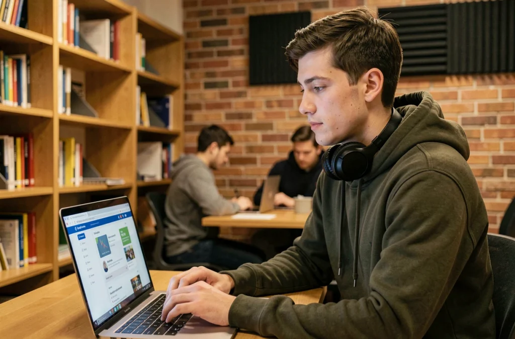 Jeune professionnel en formation digitale en ligne dans un espace de co-working bibliothèque, illustrant l'apprentissage autonome des compétences numériques soutenu par Infonovateur