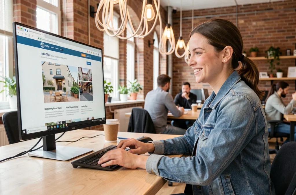 Développeuse web souriante de Gaboweb travaillant sur un site WordPress dans un espace de coworking moderne dans l'Oise