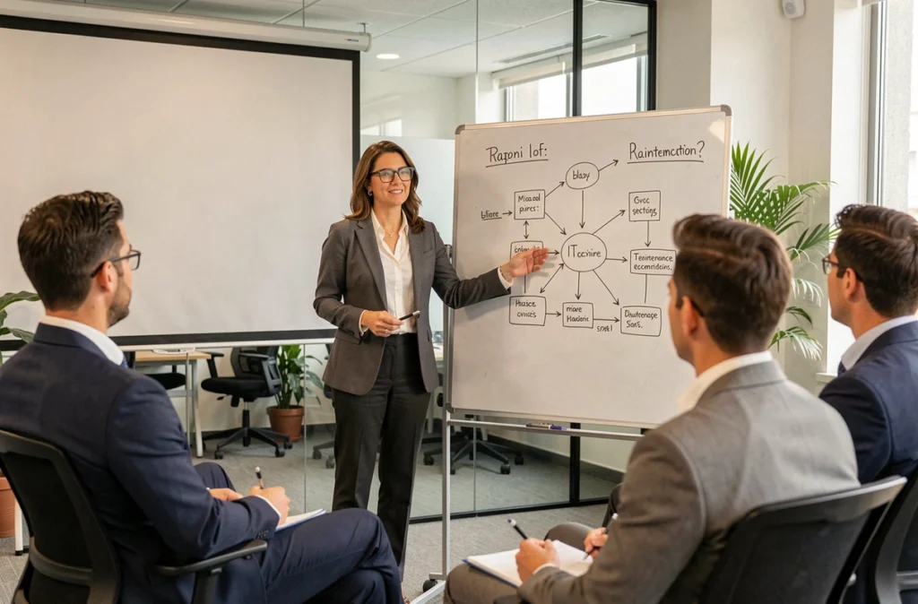 Conseillère en maintenance informatique présentant des recommandations techniques à des professionnels en salle de réunion
