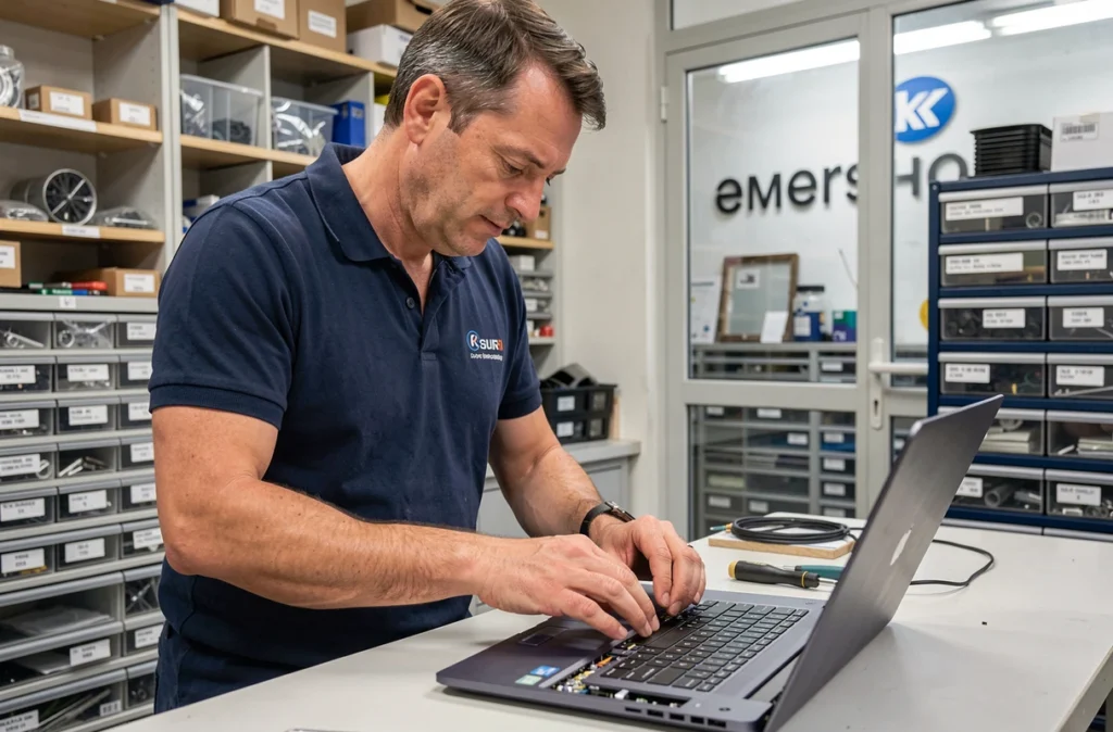 Technicien d'ILT Informatique réparant un ordinateur portable dans son atelier du 14e arrondissement de Paris