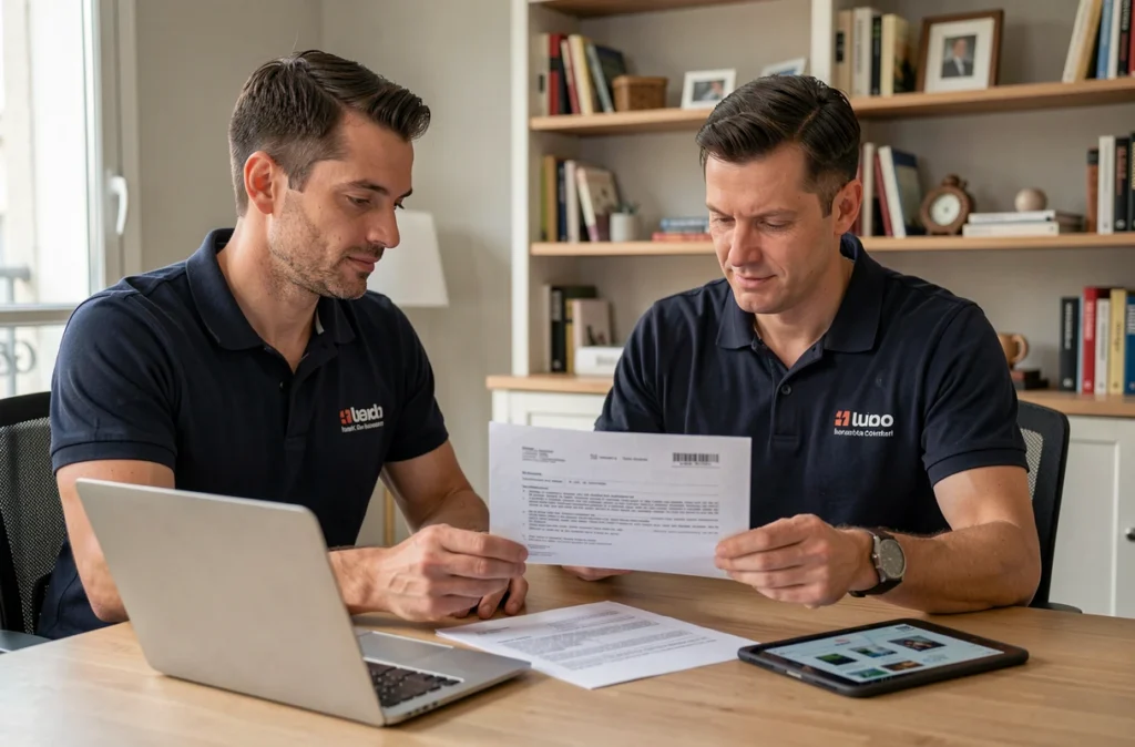 Technicien Infadom présentant le cadre contractuel de ses services informatiques à domicile à un client parisien