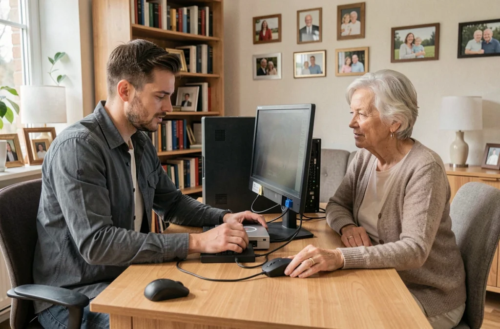 Technicien en assistance informatique à domicile aidant une cliente sur son ordinateur dans un appartement à Angers
