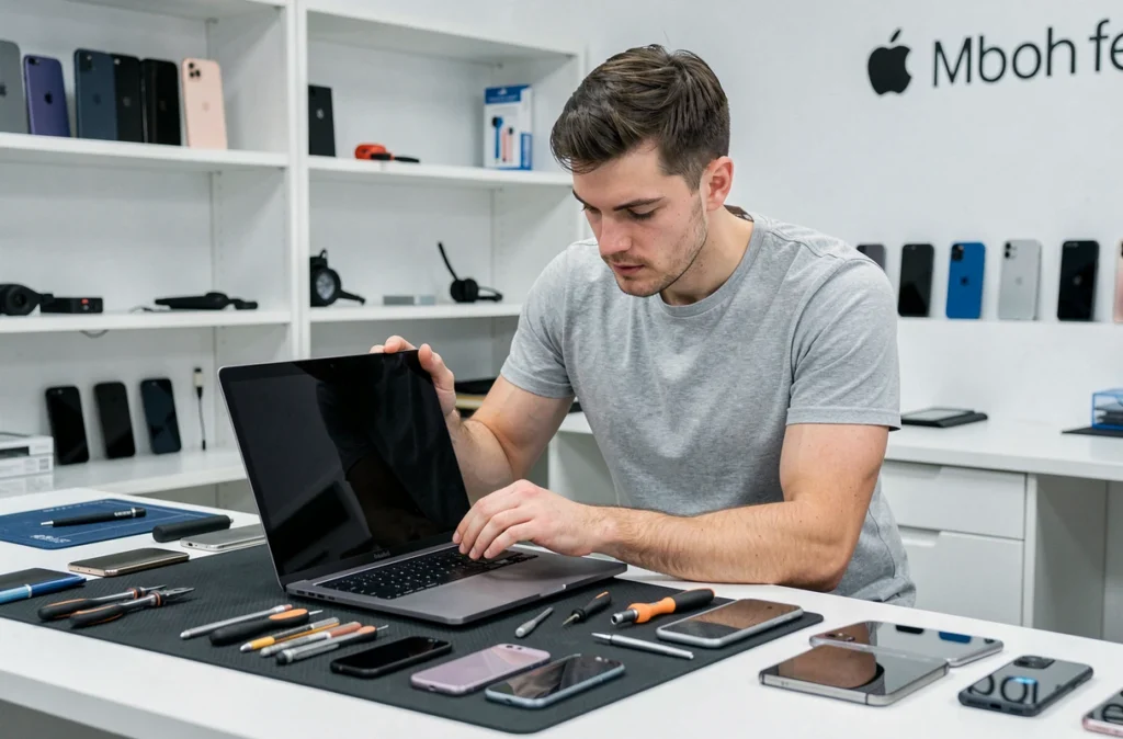 Technicien certifié réparant un MacBook Pro dans un atelier de réparation Apple et multimarque