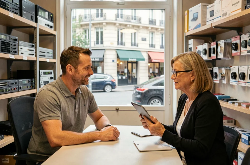 Technicien d'Informatique Beaugrenelle conseillant une cliente dans sa boutique du 15e arrondissement de Paris