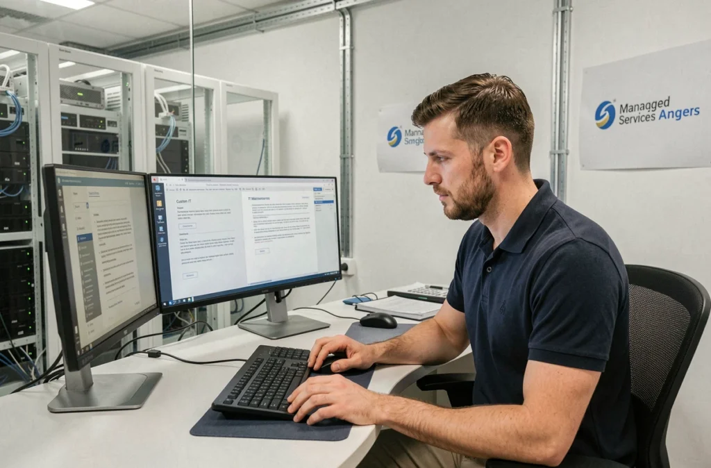 Consultant en infogérance analysant un contrat de maintenance informatique sur mesure dans un bureau professionnel à Angers
