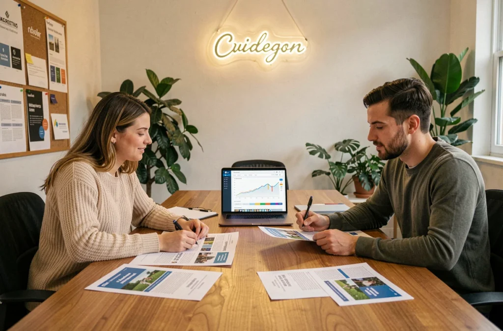 Équipe d'Inup Marketing et Com dans l'Oise en réunion autour d'un tableau de bord marketing digital et de rapports imprimés dans une salle de réunion créative