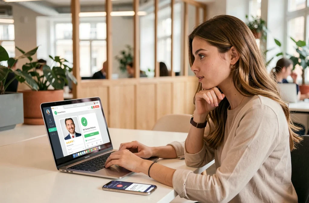 Utilisatrice consultant la plateforme MonTechnicien.com pour trouver un technicien informatique vérifié à Paris