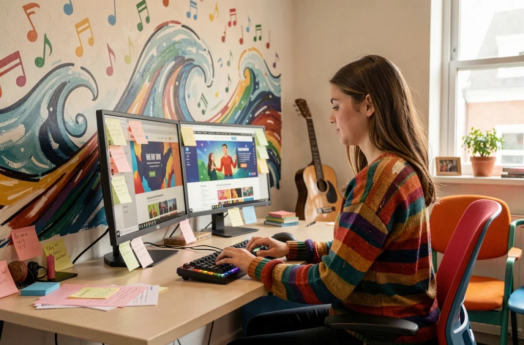Développeuse web de Mozartsduweb dans l'Oise travaillant dans un bureau créatif décoré de notes de musique avec un site animé sur ses écrans