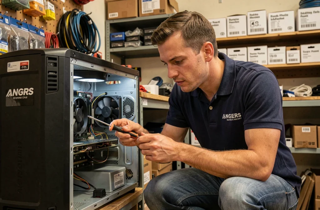 Technicien réalisant un dépannage informatique de proximité sur un ordinateur de bureau dans un atelier à Angers