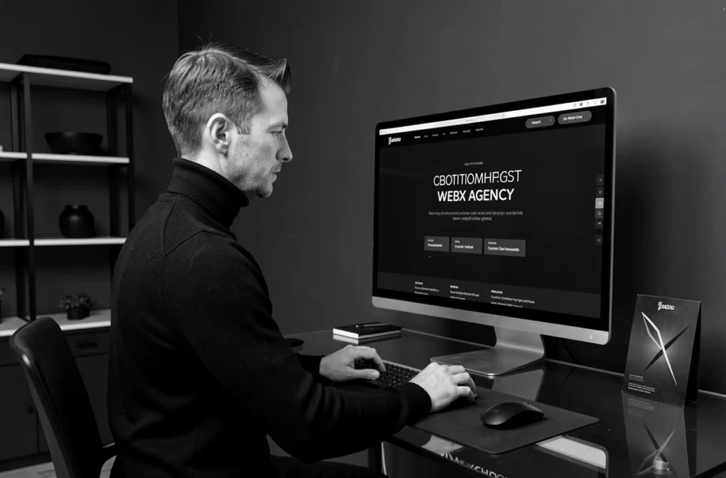 Designer web masculin dans la trentaine en col roulé noir travaillant sur un site au design épuré dans le studio Oscar Black à l'Oise