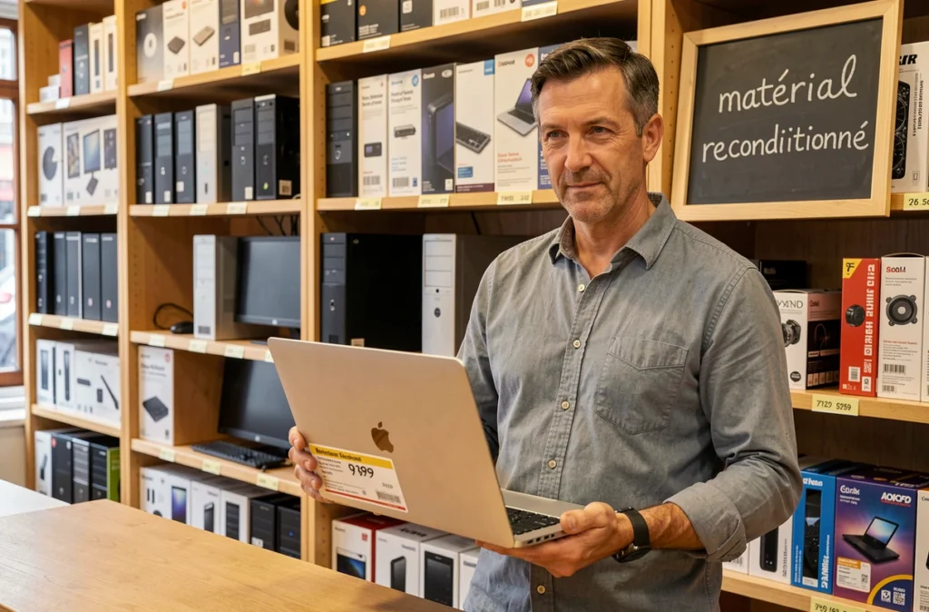 Vendeur de PC30 présentant un ordinateur portable reconditionné dans sa boutique informatique parisienne