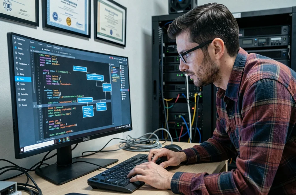 Développeur web de RC2i dans l'Oise concentré sur du code PHP affiché sur un grand écran dans un bureau technique avec serveurs visibles en arrière-plan