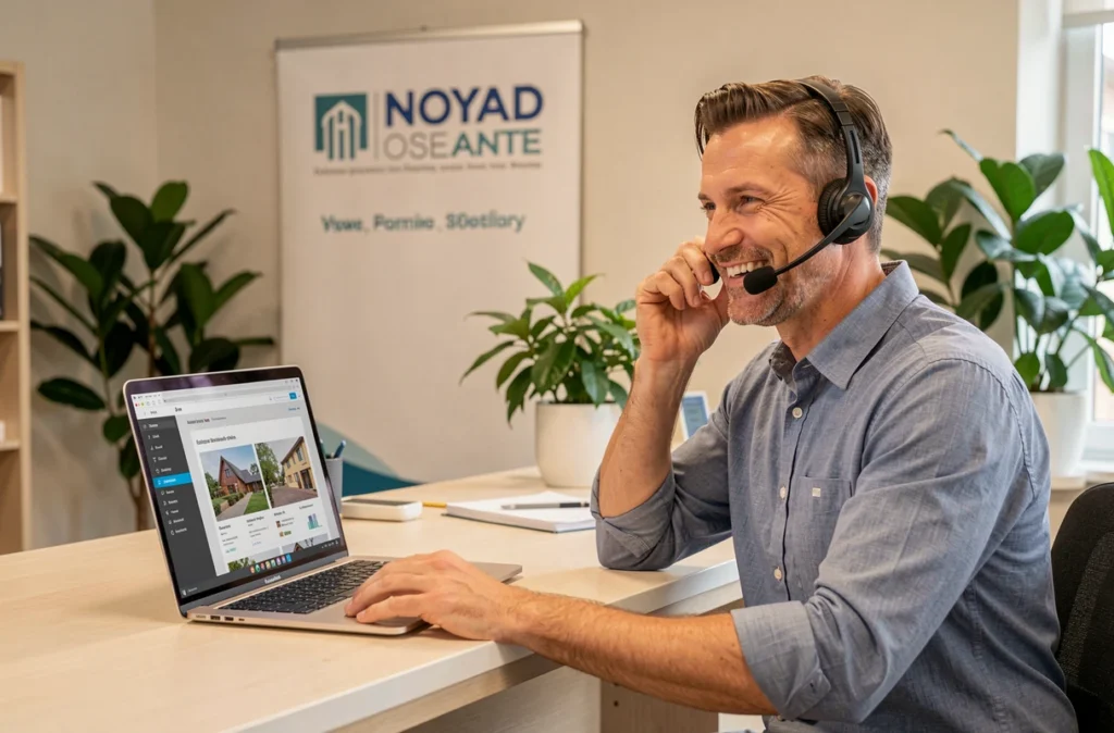 Conseiller de Siteinternetpourtous dans l'Oise en casque téléphonique présentant une interface conviviale de création de sites web pour TPE et PME