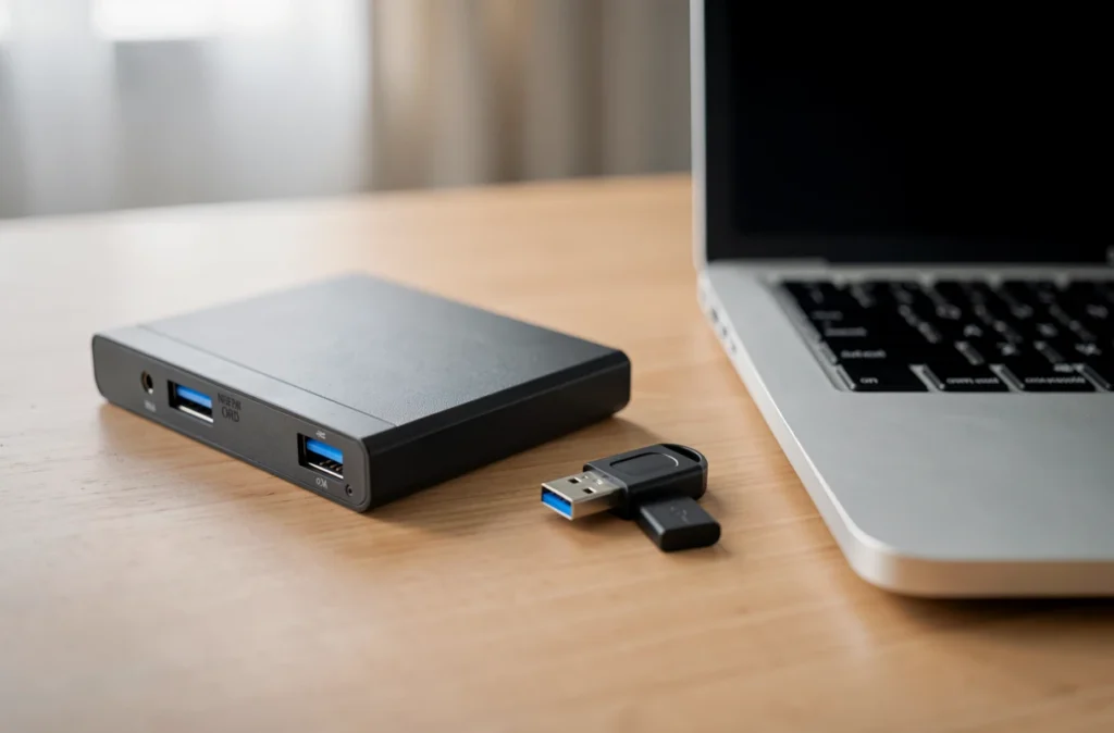 Disque dur externe et clé USB posés à côté d'un ordinateur portable