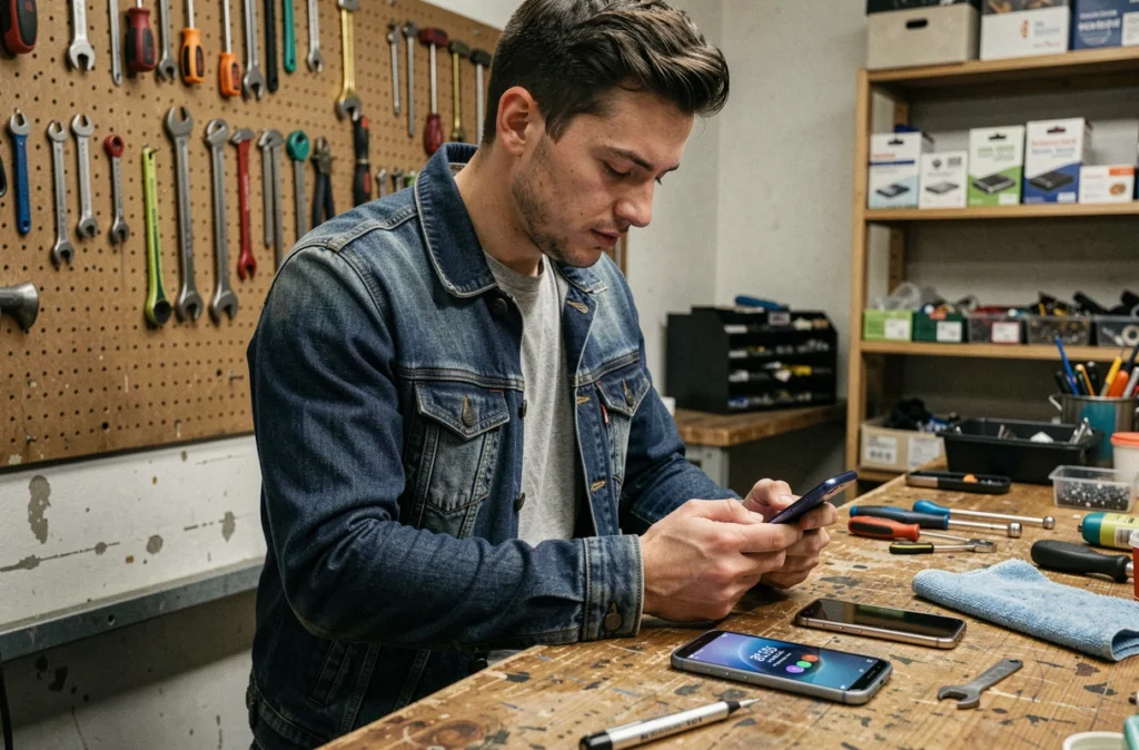 Homme entretenant un smartphone low-cost sur un établi d'atelier de réparation, symbolisant la longévité et la durabilité d'un téléphone à moins de 200 euros