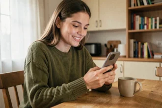 Jeune femme utilisant un smartphone économique moins de 200 euros dans un appartement cosy, illustrant la durabilité d'un premier téléphone abordable
